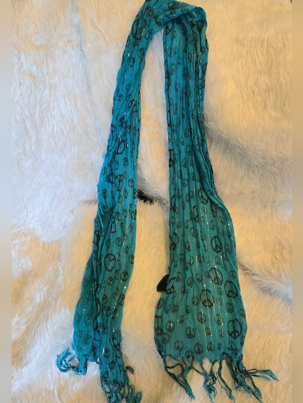 Vintage Turquoise Scarf with Peace Sign Print Metallic Silver And Fringe Teen